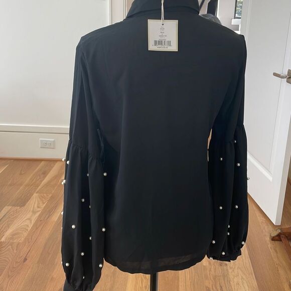 Free Generation Women's Button Down Black Blouse with Pearl Embellishment Small - Picture 5 of 10